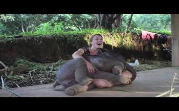 فيل صغير يصنع مفاجأة سعيدة لمربيته (فيديو)