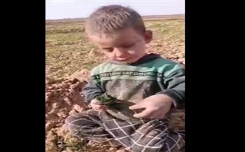 مشهد يدمي القلب.. طفل سوري يأكل العشب من شدة الجوع (فيديو)