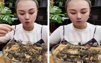 فيديو.. «صينية» تشعل مواقع التواصل بتناول وجبة «سلطعون البحر» حيًا