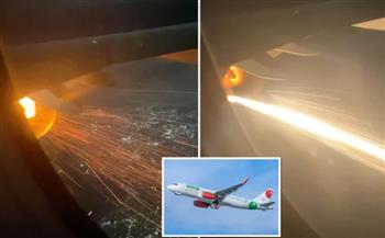 تحمل 186 راكبًا.. لحظة اشتعال النيران في محرك طائرة في الجو (فيديو)