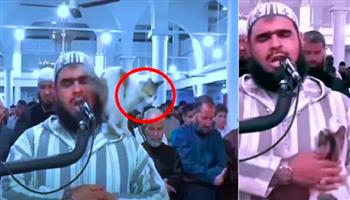 رد فعل إمام مسجد بعدما تسللت قطة إليه واعتلت كتفه وهو يصلي (فيديو)