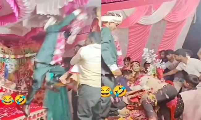 فيديو.. عريس هندي يسقط فوق «عرش الزفاف» بشكل صادم