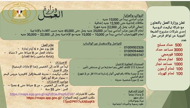 برواتب تصل لـ45 ألف جنيه.. «العمل» تعلن عن 4500 فرصة عمل جديدة بمشروع الضبعة النووي 