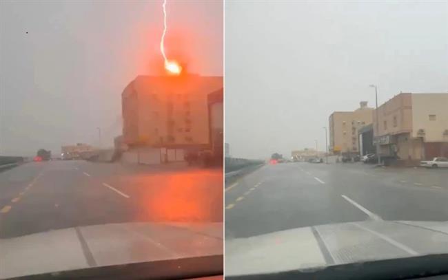فيديو يحبس الأنفاس.. صاعقة رعدية تضرب مبنى بشكل مباشر في السعودية