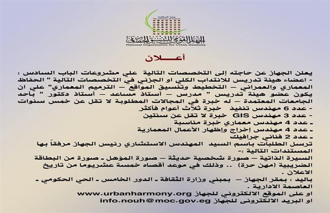 الجهاز القومي للتنسيق الحضاري يُعلن عن وظائف جديدة