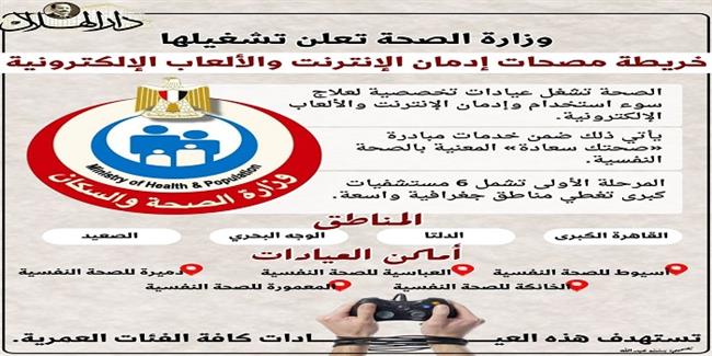 «الصحة» تُشغل عيادات متخصصة لعلاج إدمان الإنترنت والألعاب الإلكترونية ضمن مبادرة «صحتك سعادة»| انفوجراف