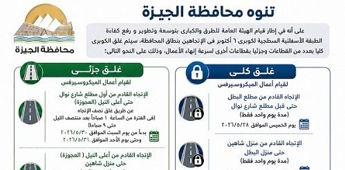 "الجيزة" تعلن مواعيد الغلق والتحويلات المرورية بكوبري 6 أكتوبر بسبب أعمال التطوير