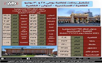 السكة الحديد: تشغيل قطارات إضافية مكيفة بين القاهرة والإسكندرية وأسوان يومي 28 و30 يونيو