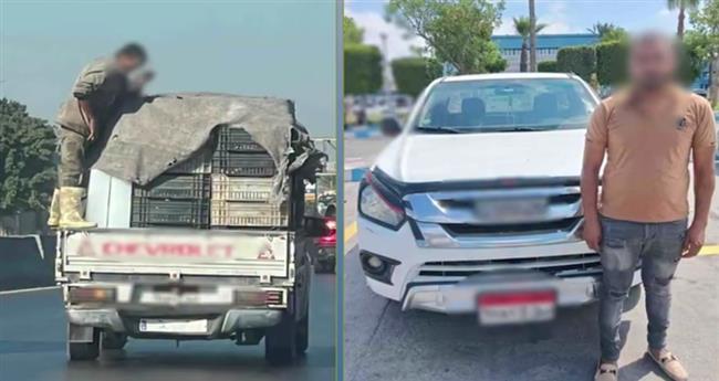 ضبط سائق ربع نقل بالإسكندرية لعدم ربط الحمولة وركوب شخص بصندوق السيارة
