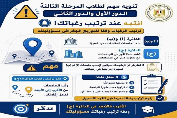 تنسيق المرحلة الثالثة 2026.. تحذير عاجل للطلاب عند ترتيب رغبات الدائرة «ج»