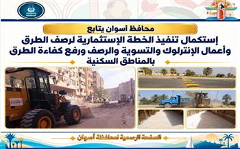 محافظ أسوان يتابع استكمال تنفيذ الخطة الاستثمارية لرصف الطرق وأعمال الإنترلوك