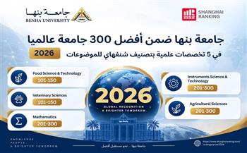 جامعة بنها ضمن أفضل 300 جامعة عالميا في 5 تخصصات علمية بتصنيف شنغهاي للموضوعات 2026  